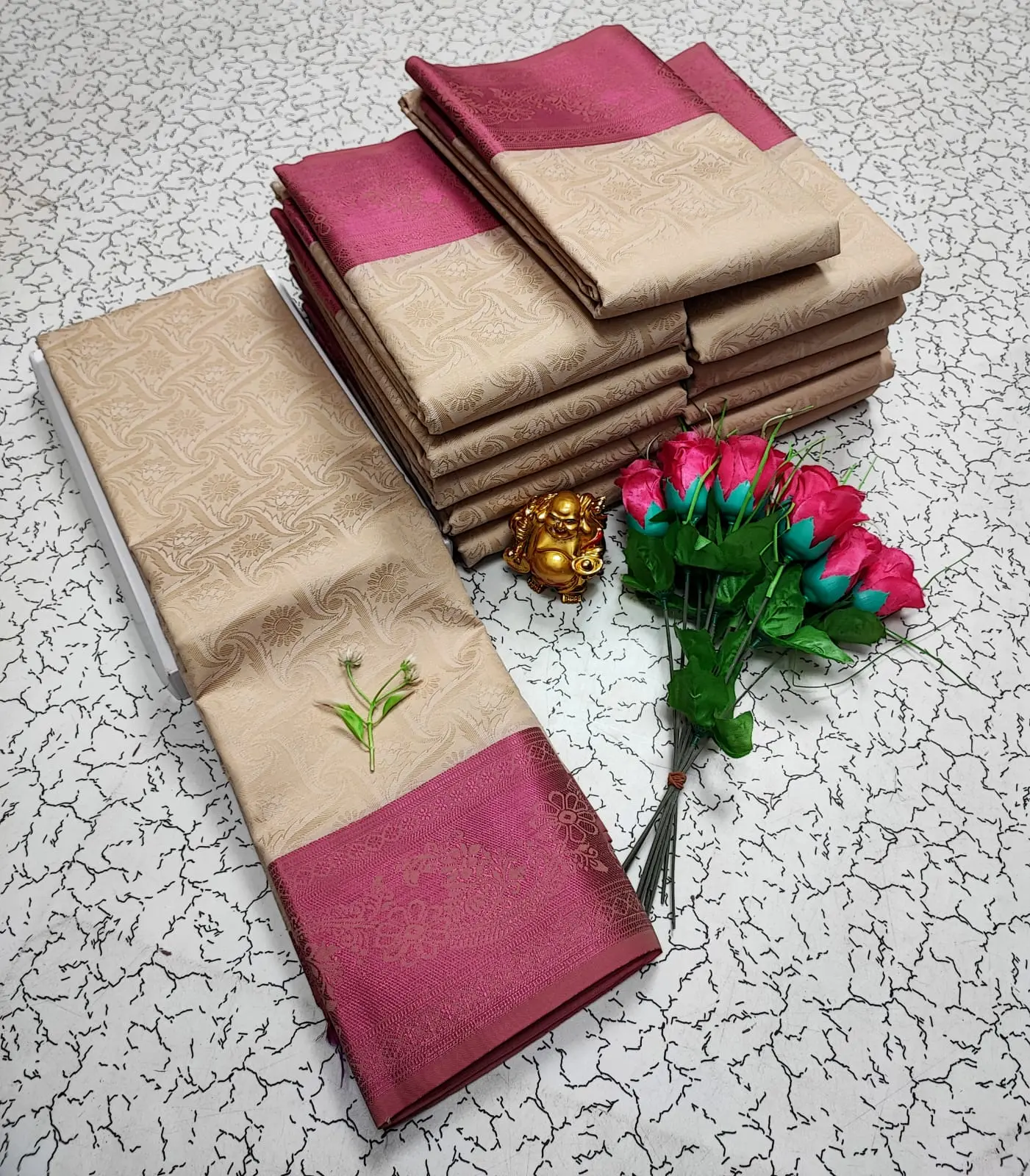 Cream Gold with Rose Pink Border Floral Pattern Soft Silk Saree